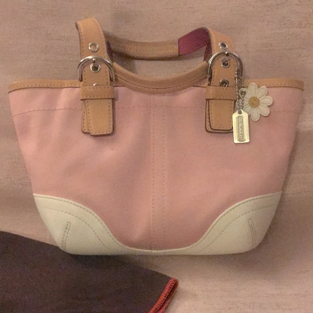 Coach Pink Canvas handbag tote purse with White Leather Accents and Daisy Charm